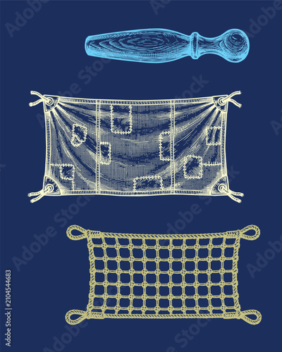 Tableau sur toile nautical rigging and deck essentials vintage maritime belaying pin, cargo net an