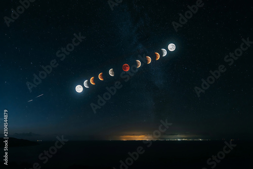 Lunar Eclipse Progression Over Ocean Landscape Night Sky With Stars astronomy celestial