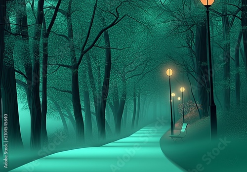 Illustration of a forest path with lamp posts.