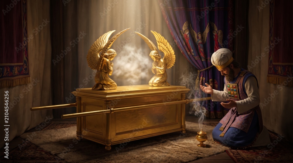 Fototapeta premium Hebrew high priest praying before the Ark of the Covenant inside the Tabernacle. Biblical scene of worship with golden cherubim and incense for religious history and faith concept.