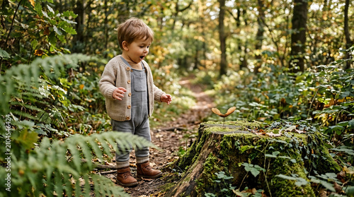 Toddler showing surprise while discovering a tiny plant on a tree stump in a lush autumn forest