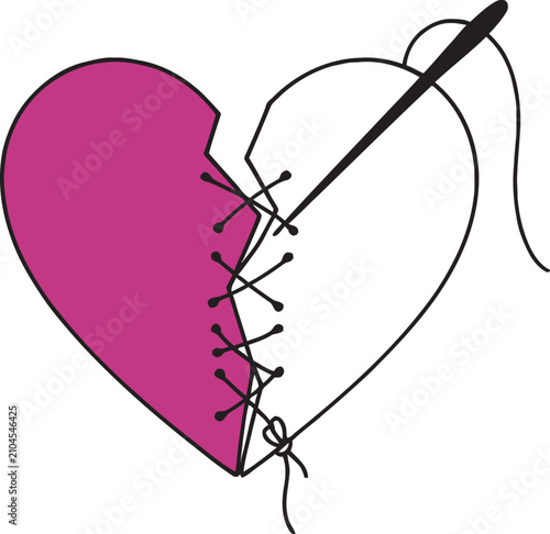 Stitched broken heart illustration representing healing and recovery with stitched recovery relationship illustration forgiveness reconciliation wellness creative minimalist separation