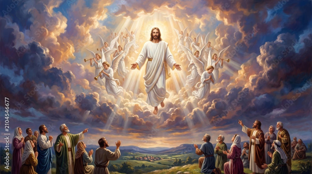 Fototapeta premium Jesus Christ ascending to heaven surrounded by angels with trumpets. People looking up from earth in prayer. Biblical religious scene of the ascension. Faith and spiritual hope concept.