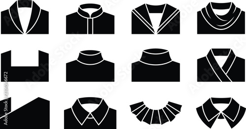 Schilderij op canvas Fashion Collar and Neckline Black Silhouette Vector Collection for Clothing and