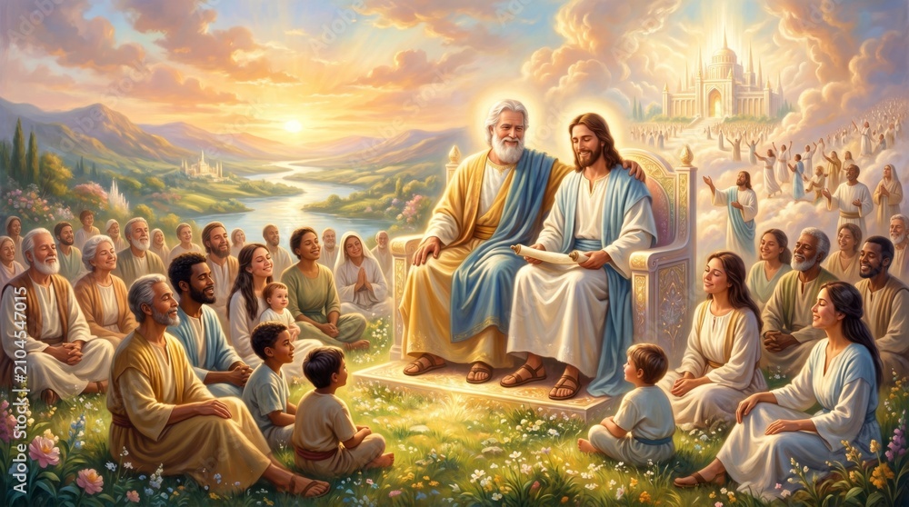 Obraz premium God and Jesus sitting on throne with crowd of people in heaven. Concept of divine presence, salvation and afterlife spirituality. Scene inspired by religious art and biblical narrative.
