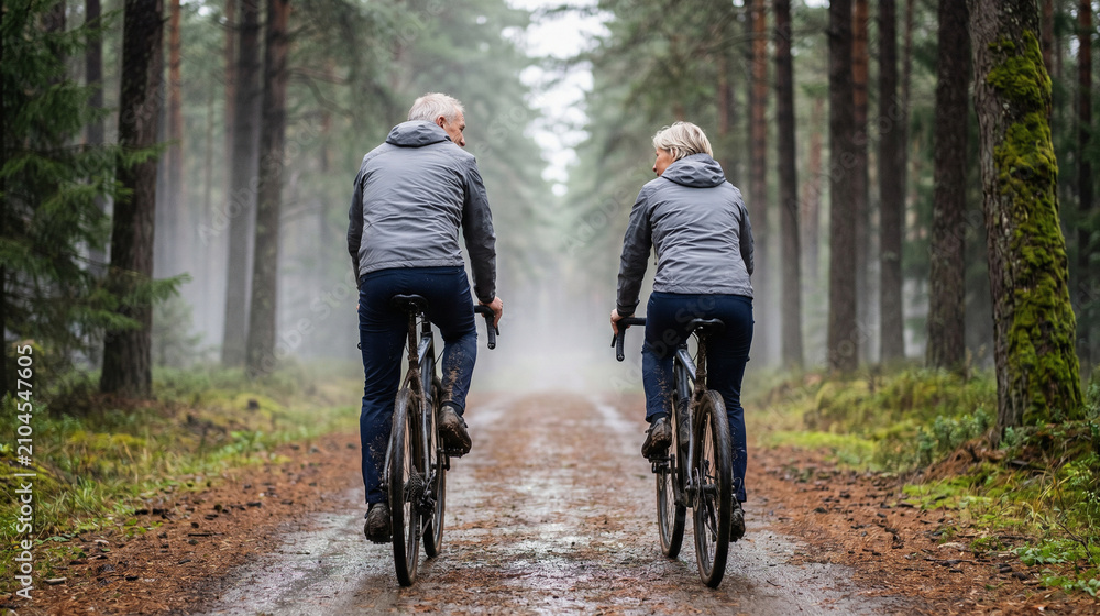 Obraz premium Mature Cyclists Pedaling a Forest Gravel Road After Fresh Rain