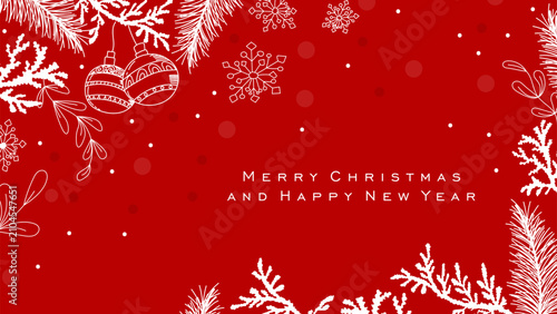 Merry Christmas and Happy New Year red background banner template with hand drawn white line art ornaments, snowflakes, and pine tree branch border vector illustration.