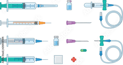 Cuadro en lienzo Medical Injection Equipment Collection with Syringes, Needles, Vaccine Vials, IV