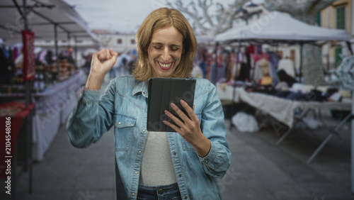 Картината върху платно Woman holding tablet and doing a fist pump with hand in a street market while smiling in denim jacket; joy celebration connection