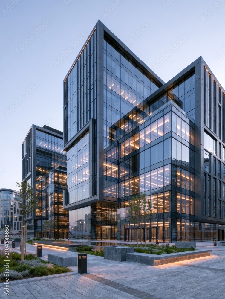 Fototapeta premium Modern Minimalist Office Complex with Towering Glass Facades and Outdoor Landscaping at Dusk