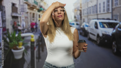 Quadro su tela Woman holding coffee cup with hand on forehead on a busy city street, white sleeveless top; fatigue discomfort