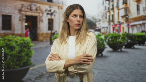 Fotografia Woman with crossed arms showing bare forearms and folded posture in street by stone building and planters on cobblestone; annoyance defiance