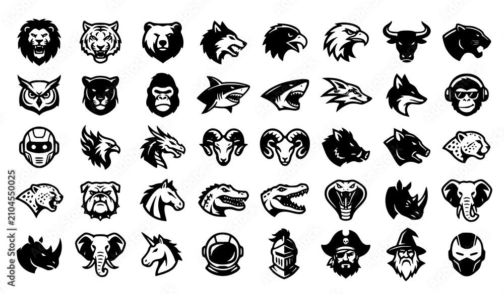 Fototapeta premium Animal Mascot Logo Icon Set Featuring Wild Predators and Beasts for Sports Teams, Gaming Clans, Esports, Apparel, and Brand Identity Vectors