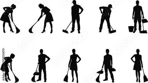 Row of black silhouettes of people performing cleaning tasks with brooms and dustpans women