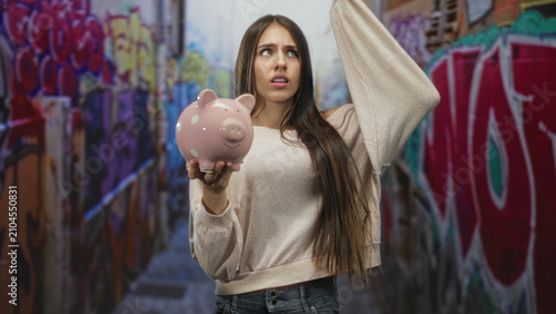 Photography Young woman holds a pink piggy bank in her hand on a street with graffiti; confidence financial independence