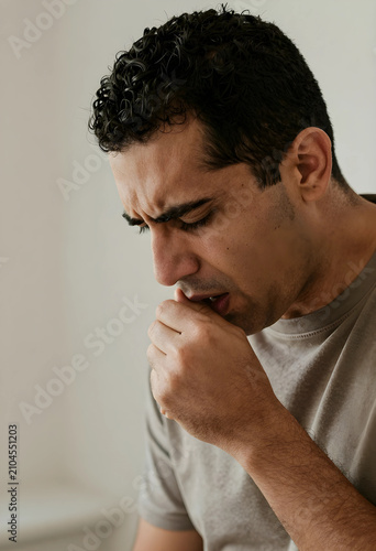 Young man coughing into his...
