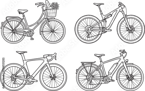 Set of four different types of bicycles, hand drawn vector illustrations of vintage city bike, mountain bike, road bike, and electric bicycle isolated on transparent background.