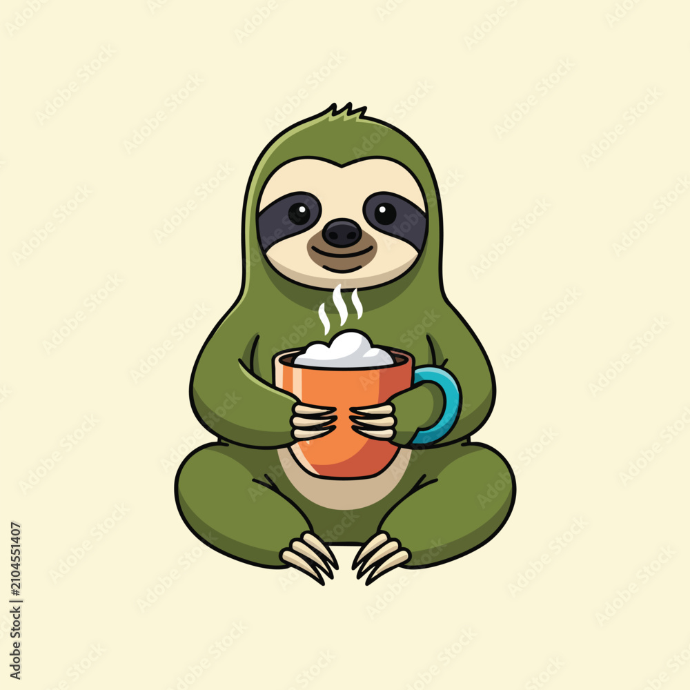 Fototapeta premium Cute sloth holding steaming coffee cup sitting down