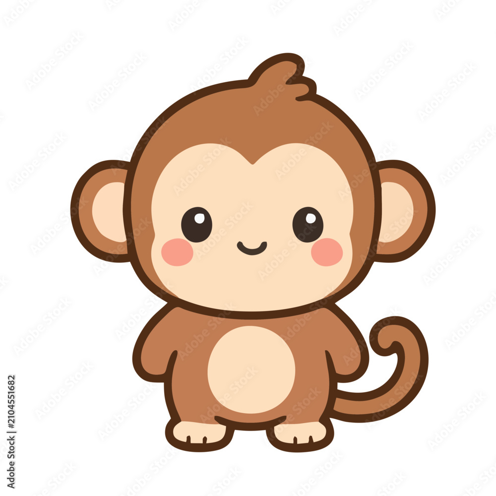 Obraz premium Cute cartoon monkey character smiling and waving. Adorable primate mascot for kids apps, games, and educational content.