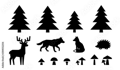 Photography Pine forest trees wild animals wolf deer hedgehog silhouettes isolated on white