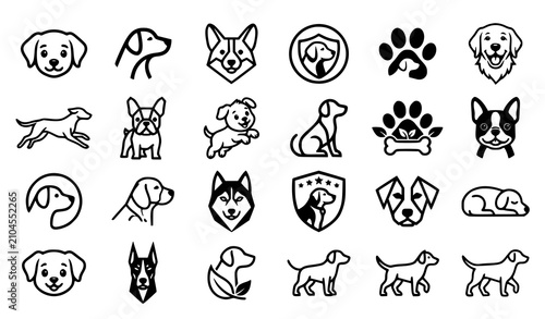 Obraz na płótnie Cute dogs faces breeds silhouettes and puppy paw prints outline icons vector il
