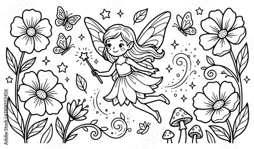 Schilderij op canvas পরী ও ফুলের বাগান): Cute fairy godmother with magic wand in flower garden colori