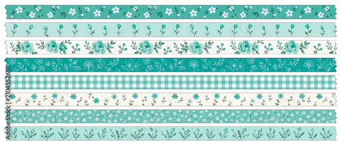 Teal Botanical Floral And Checkered Washi Tape Set