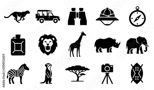 Photography African safari wild animals silhouettes and jungle travel gear black shapes vec