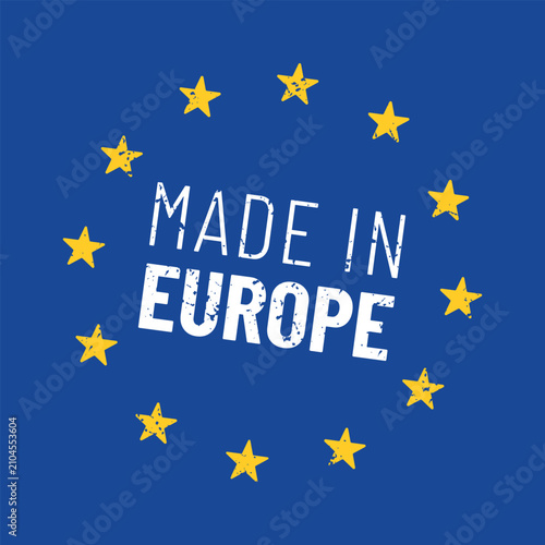 Grunge Made in Europe Label with European Stars on Blue Background, Distressed EU Product Origin Stamp, European Manufacturing and Quality Vector Design