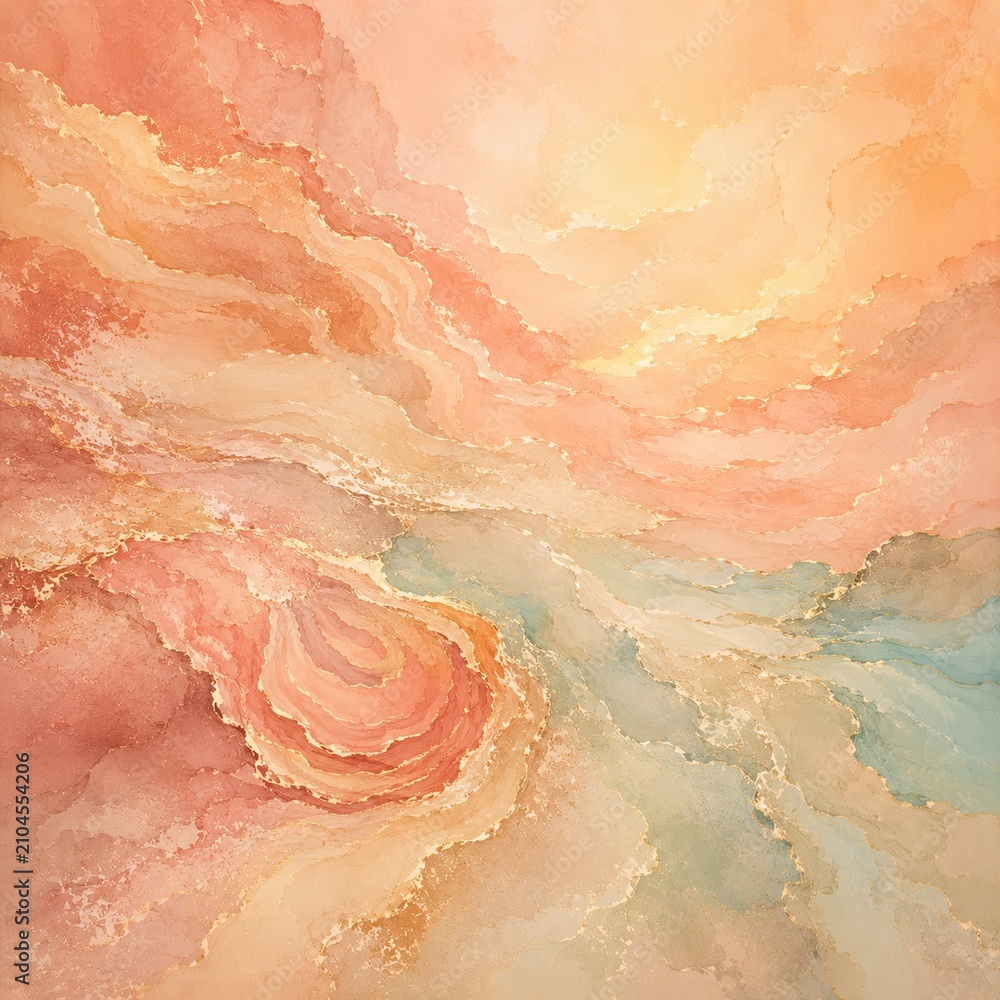 Fototapeta premium Coral dusk abstract watercolor background with peach teal and gold accents