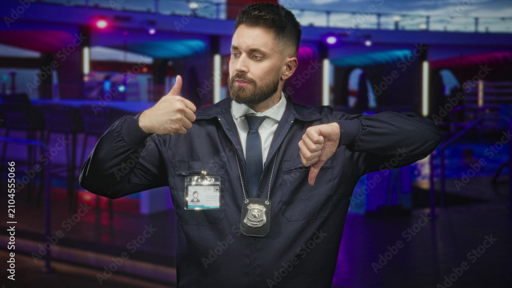 Fototapeta premium Man detective displaying badge with thumbs up and thumbs down gesture in a nightclub; duty uncertainty.