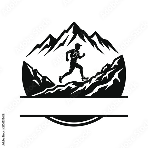 Dynamic trail runner silhouette navigating rugged mountain terrain, an emblem of endurance