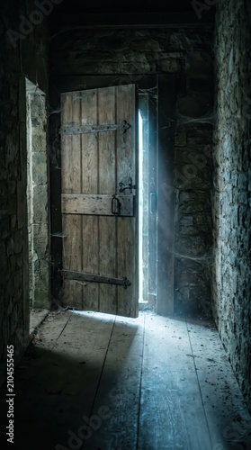 old heavy wooden door slightly open in dark stone corridor with bright light shining through. mystery, escape, hope concept. medieval dungeon background. book cover, poster with copyspace.