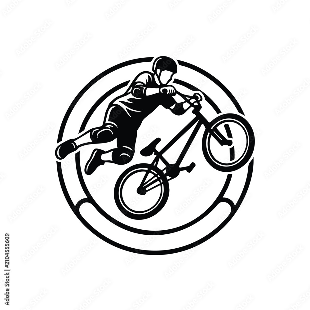 Obraz premium Action Illustration of a BMX rider performing a tailwhip trick in a circular emblem