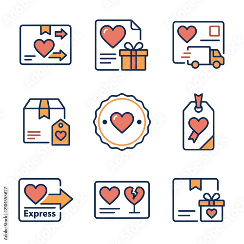 Obraz na plátně Delivery icons featuring heart motifs depict romantic shipping and logistics services for special occasions