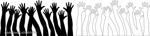 Many outstretched hands reaching upwards representing unity participation and support in a diverse group