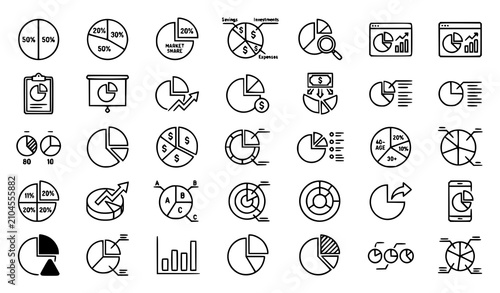 Modern Pie Chart Line Icons Collection Editable Stroke Business Data Analytics and Statistics Vector Set