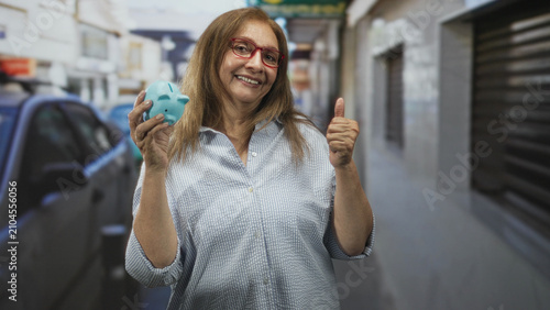 Bild auf Leinwand Senior hispanic woman holding a blue piggy bank and showing thumbs up on a city street with parked cars and storefronts; savings optimism