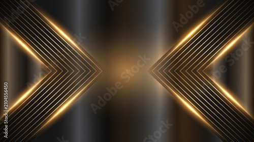 Golden Abstract Geometric Form with Reflective Surface Simulating a Futuristic Spotlight or Dynamic Energy Beam on a Deepened Gradient Canvas.