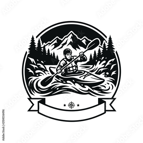 Kayak Athlete Paddling Through Wild River Rapids in Mountain Wilderness Emblem