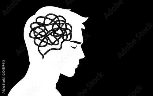Man with tangled rope brain symbolizing anxiety, depression, mental health, overthinking and emotional stress concept illustration