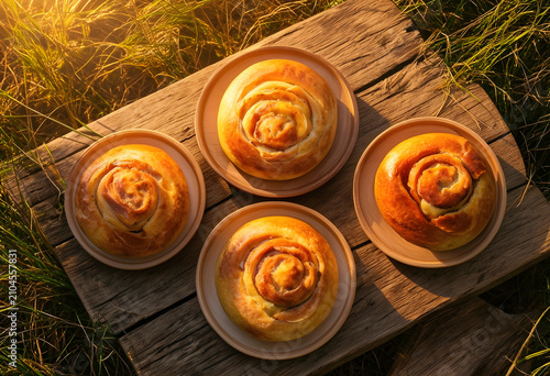 Five samsa pastries on wood...