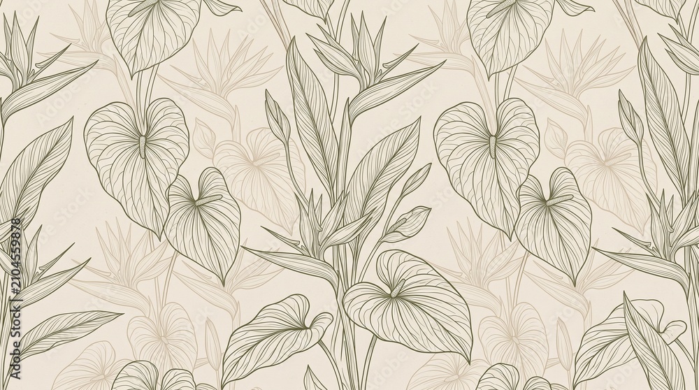 Fototapeta premium Seamless vintage tropical botanical pattern with line art bird of paradise and anthurium leaves