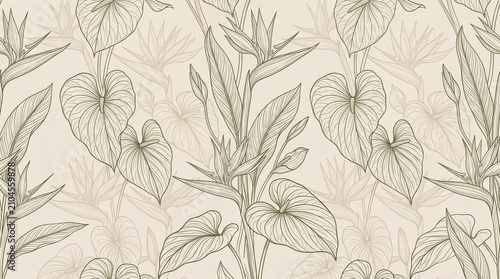Seamless vintage tropical botanical pattern with line art bird of paradise and anthurium leaves