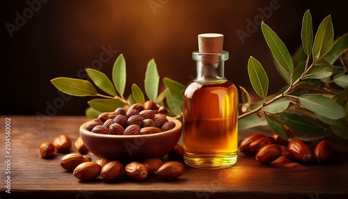jojoba oil in glass bottle with cork jojoba seeds in wooden bowl and leaves on wooden surface rustic still life photography for design and print ayurvedic herbs ayurveda generative ai