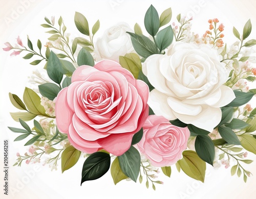 rose watercolor painting white creamy and pink flower bouquet wedding