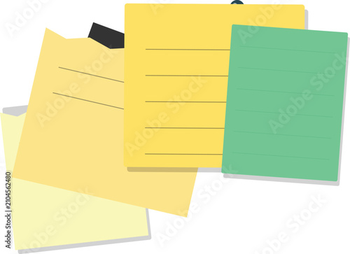 Green and yellow sticky note papers stacked together for reminders, messages, planning, studying, and organization
