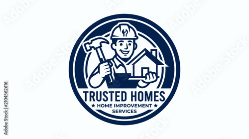Professional Home Improvement and Renovation Services Logo Design Featuring a Builder Holding a Hammer and House Model