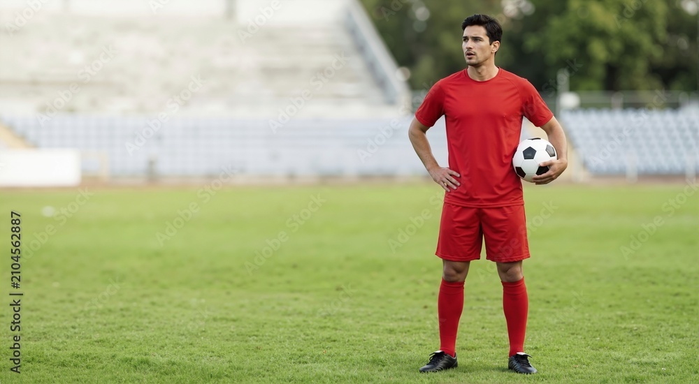 Fototapeta premium Male soccer player in red jersey holding ball on stadium field. Athlete standing on grass pitch. Copy space for text
