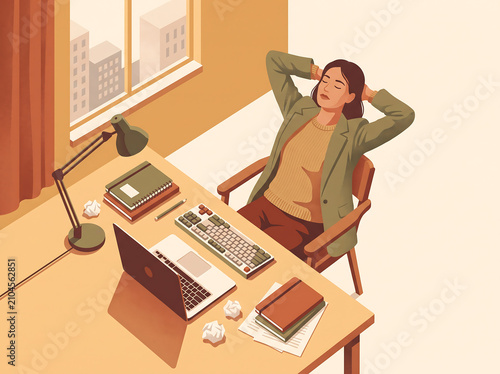 High Angle View of Tired Businesswoman Stretching While Working at Home
